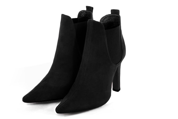 Matt black women's ankle boots, with elastics. Pointed toe. High slim heel. Front view - Florence KOOIJMAN